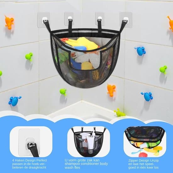 Badelegetøjsopbevaring - Babybadeorganizer - Badeværelsesoprydning - Hurtigtørrende net - 36 x 46 cm - Sort