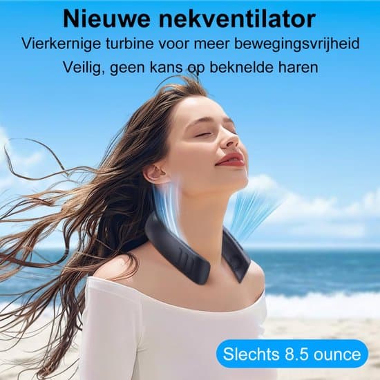 Halsventilator, 6000mAh USB genopladelig, 360° foldbart design, Sort