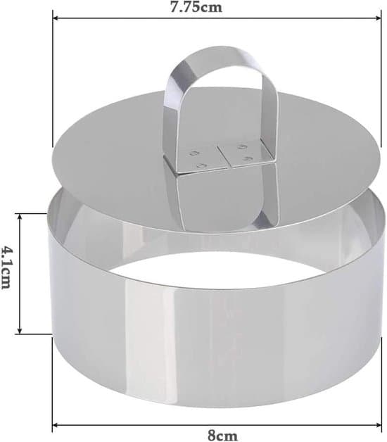 6-dele sæt - Kage-/bage-/dessertring i rustfrit stål - budding-/risbolle-/tiramisuform - med presseplade - DIY-bagning - 8x4 cm