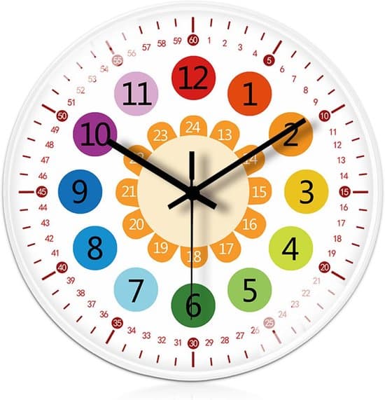 Tyst väggklocka för barn: 20 cm, lämplig för barnrum, kök, vardagsrum, sovrum och kontor. Vit.