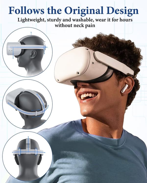 Hovedbånd til Oculus Quest 2 headset, justerbart og udskifteligt hovedbånd VR headset tilbehør med 4 controller thumb grip caps