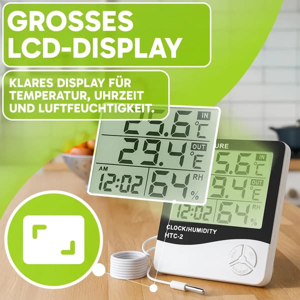 Digital termometer och hygrometer med sensor, inomhusklocka, termometer- och hygrometerfunktioner, temperaturmätning