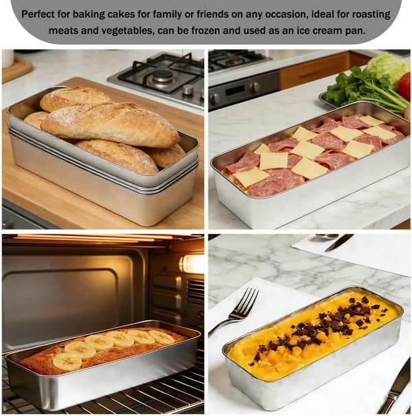 4-delt rektangulær bageform i rustfrit stål, non-stick bageform i rustfrit stål til brød, kager, toast, desserter, tærter, lasagne