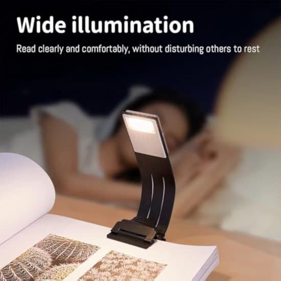 LED-læselampe, 360° rotation, USB-opladning, 3 lystilstande, sort, plastmateriale.
