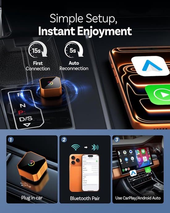 Mini trådløs CarPlay-adapter (2026) - Kablet til CarPlay & Android Auto, Plug & Play, til iPhone iOS 10+ og Android 11+