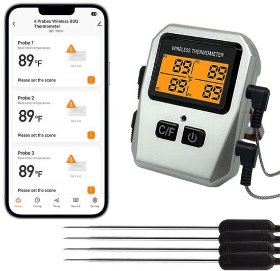 Digital kötttermometer - BBQ-termometer - 4 mätprober - Ugnstermometer - Trådlös med app - Bluetooth - Batteri ingår ej