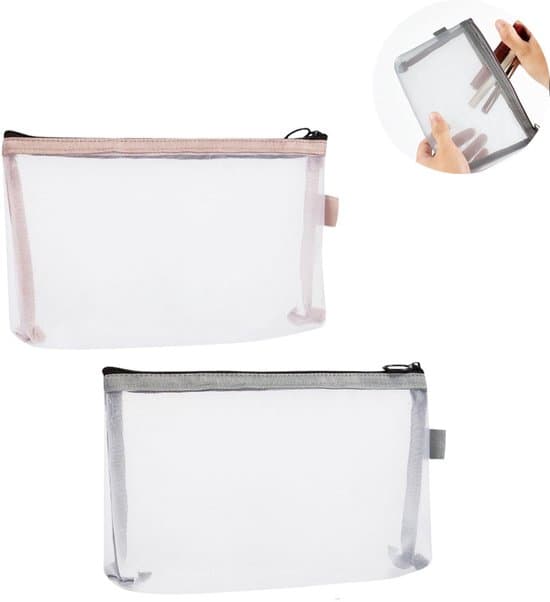 2-pack bärbara necessärer och kosmetikväskor i nylonmesh med dragkedja