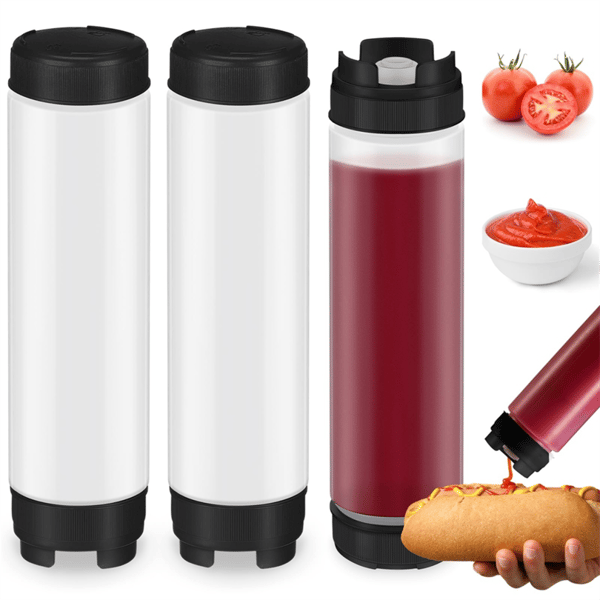 set med tre 400 ml mjukglass-kryddflaskor, inverterade plastflaskor.