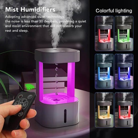 Anti-Gravity Vattendroppar Luftfuktare - Sval Dimma - LED-lampor - Sovrum Kontor - 580ml