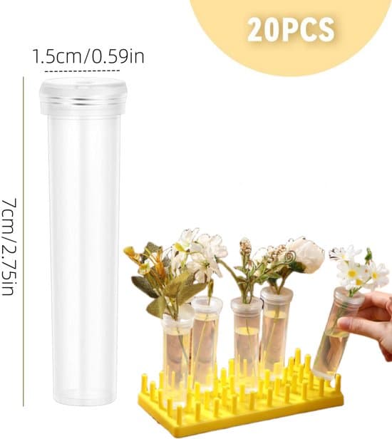 20-pack 7x1,5 cm transparenta blomvattenrör med lock