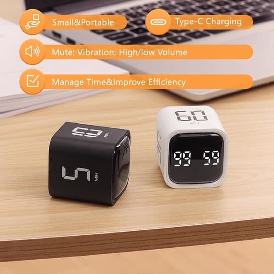 Pomodoro terningtimer - 5/10/30/60 min - Vibration - Justerbar lyd