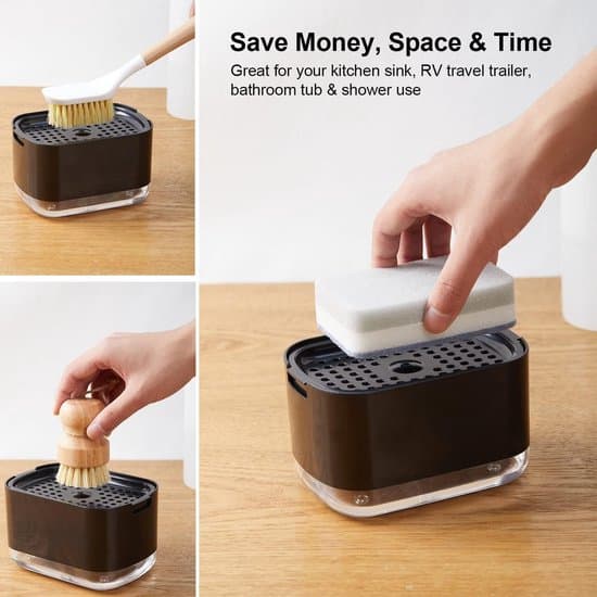 Sæbedispenser med svampeholder - Sæbedispenser - Sort sæbedispenser - Køkken sæbedispenser - ABS-plast - Sort
