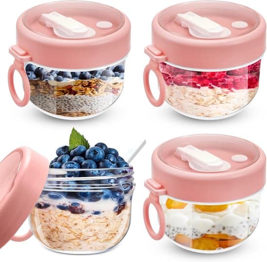 Fire lyserøde plastikglas til overnight oats, 591 ml med låg og ske