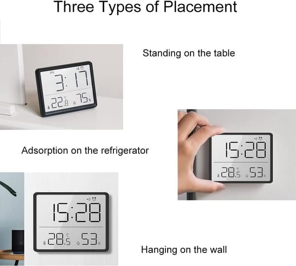 Digitalt termometer og hygrometer, lille LCD-vækkeur - sort