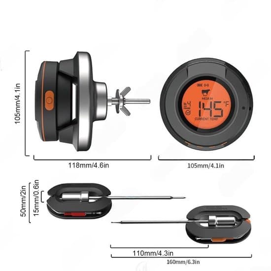 Smart Köttermometer - Digital Kökstermometer - Perfekt Grillning - Appkontroll & Varningar - 4 Prober - Svart