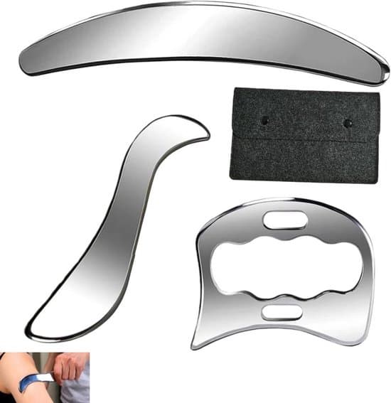 4-delt 19,8x3,5 cm sølv rustfrit stål muskel Gua Sha terapi bræt sæt