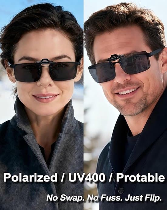2-delade clip-on polariserade solglasögon, unisex, rektangulära, över-glasögon, UV-skydd