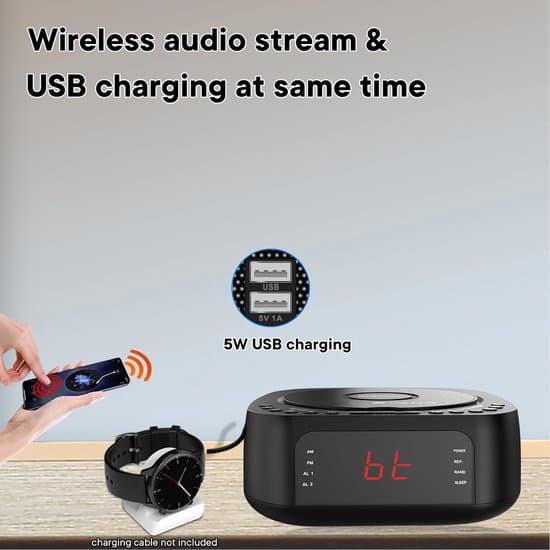 CD-soittimen herätyskello, Bluetooth-pöytäsoitin FM-radiolla, musta