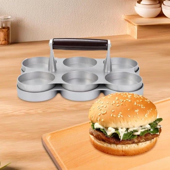 Hamburger Patty Press - Patty Former - Hamburger Maker - 6 Runde Forme - 22 cm Diameter - Sølv