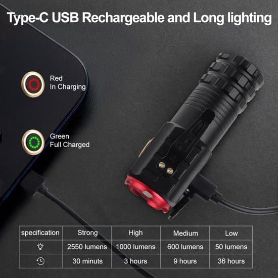 Superklar LED-lommelygte, USB genopladelig, 5 lystilstande, Sort