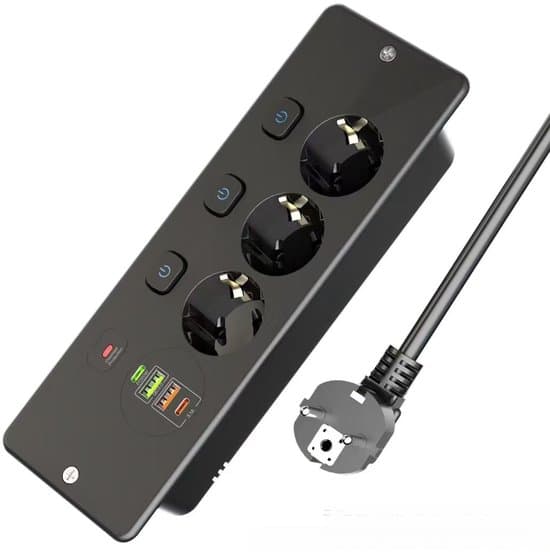 Udtrækkelig Skrivebordsstikdåse - 3 Huller - 4 USB-porte - USB-C - Sort