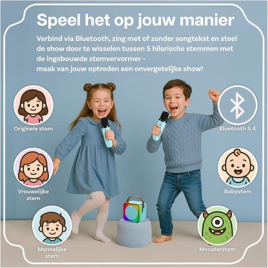 Mini Karaoke Maskine til Børn, Bluetooth Højttaler, 2 Mikrofoner, Blå