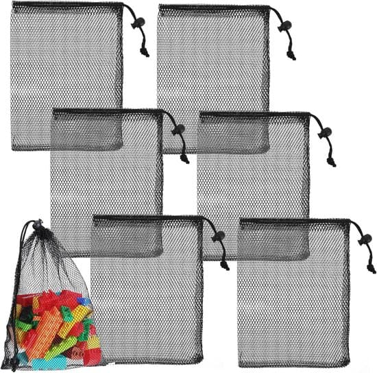 6-pak sorte netposer med snøre, 20 x 30 cm, nylon