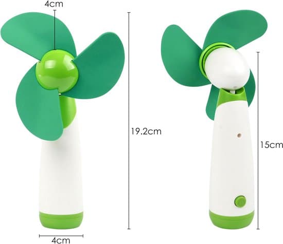 Bærbar ventilator med fleksible vinger og justerbart grønt blæserhoved.