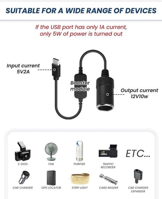 Bil cigarettænderadapter - USB-C til bil cigarettænderadapter - 12V - Sort - USB boostkabel 5V til 12V cigarettænder hun