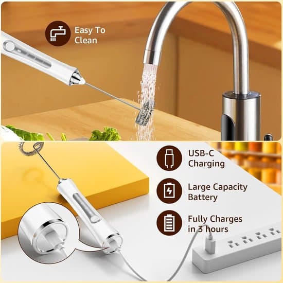USB-C Mælkeskummer - 3 hastigheder/3 rustfri hoveder - Hvid