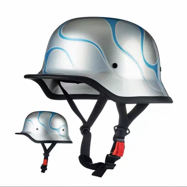 Motorcykelhjelm, retro jethjelm med quick-release, sølvblå