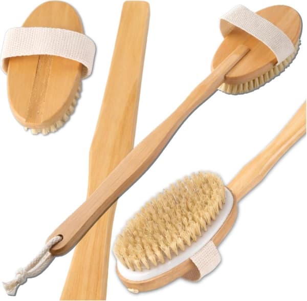 Badebørste, rygmassager, eksfoliator, langskaftet 2-i-1