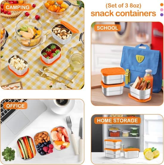 Snackbeholdere i rustfrit stål med ruminddeling og silikonelåg til børn