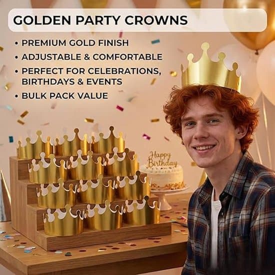 25-pack glittrande justerbara guldpappersfestkronor