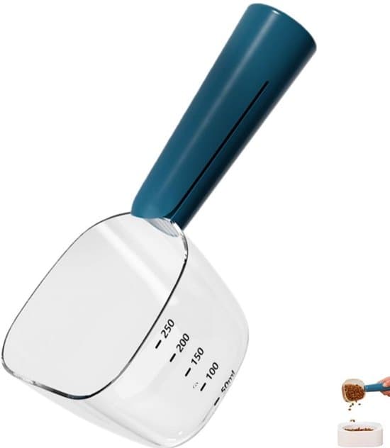 1-pak 250 ml måleske til kæledyrsfoder med klips - Plastik skovl til hunde- og kattefoder - Blå - 18,5 × 6,5 × 6,5 cm
