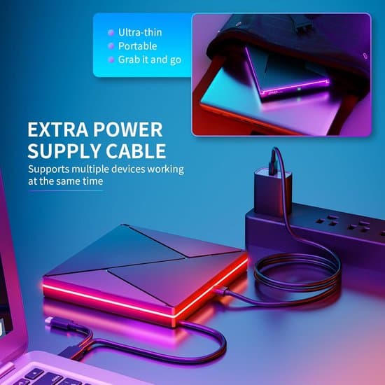 Extern CD/DVD-enhet med RGB-belysning, USB 3.0- och USB-C-portar, stöder +/-RW-bränning, för bärbara datorer, PC, stationära datorer, MacBooks, Windows/MacOS