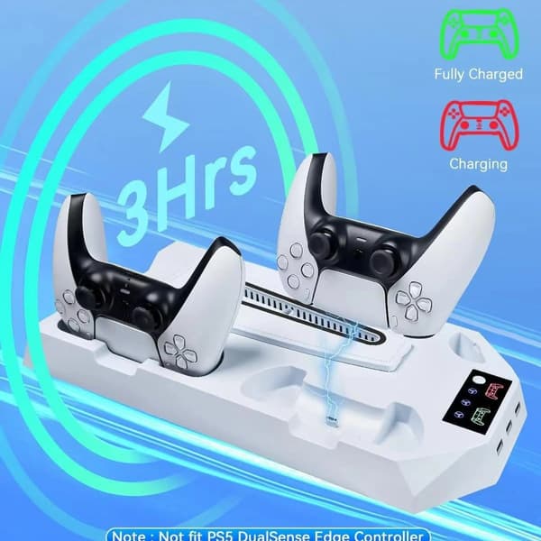 PS5 Controller Dual Opladerstander med Blæser, Multifunktionel 2-i-1 Controller Opladerstander med Blæserbase - Hvid