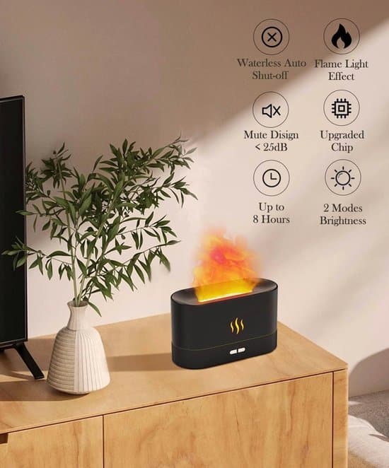 Simuleret Flamme Luftfugter, Flamme Diffuser, 17,1 x 7,5 x 10,1 cm, Æterisk Olie Duftdiffuser, Ultralyd Aroma Diffuser, Sort