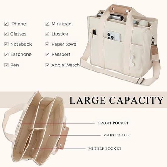Off-White Multi-Compartment Canvas Commuter Tote Bag, 30x16x24 cm