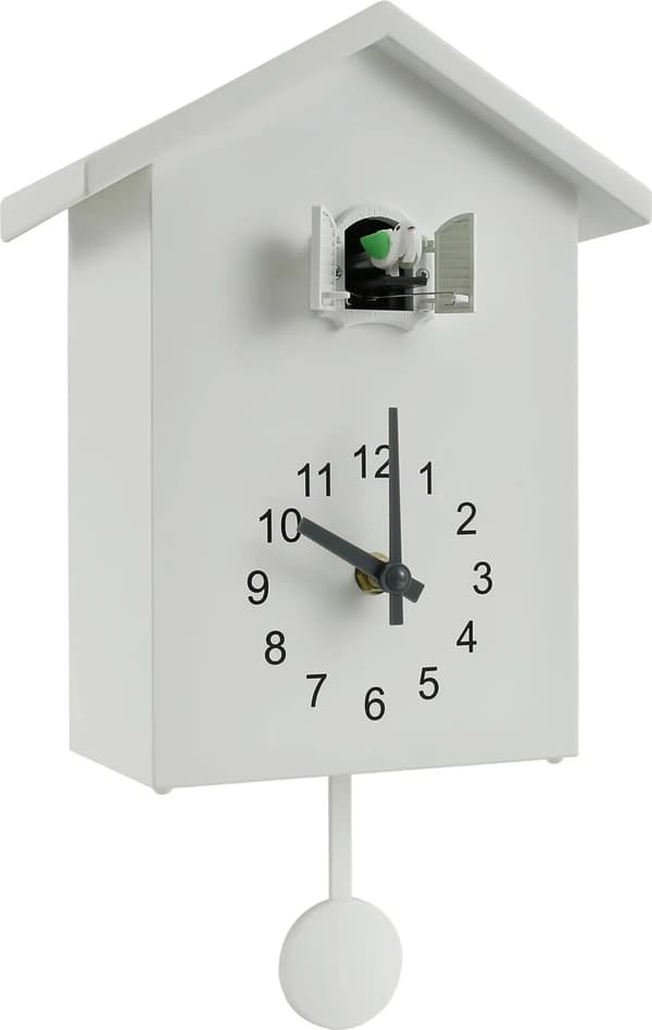 Fågelhusdesign väggklocka med timslag, batteridriven, vit