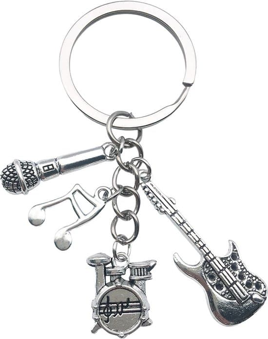 15 musiknyckelringar - trumset, gitarr, mikrofon, noter - silver