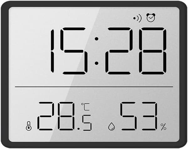Digitalt termometer og hygrometer, lille LCD-vækkeur - sort