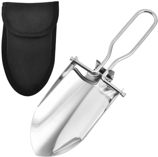 Mini haveskovl i rustfrit stål med opbevaringspose, foldbar 14,5 cm til 23x6 cm, sølv.