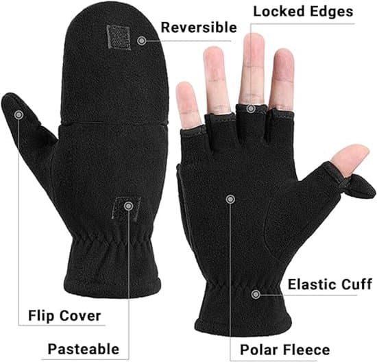 2-i-1 Handsker - 21*10cm - Polyester - Sort - Vinterhandsker - Fingerløse - Varme - Velcrolukning - Unisex - Elastisk håndledsrem