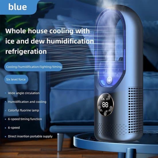 Velegnet til bladløs USB-ventilator 6 hastigheder timer køling stående LED-display lav støj blå
