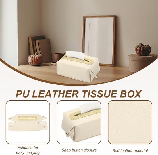 PU læder tissueboks - rektangulær - tryklukning - foldbar - 20 x 12 x 9 cm (råhvid)