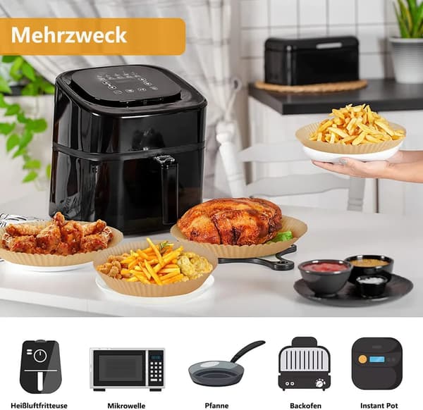 Bagepapir til airfryer, 100 ark, 20-24 cm, non-stick engangsbakke, til airfryere.