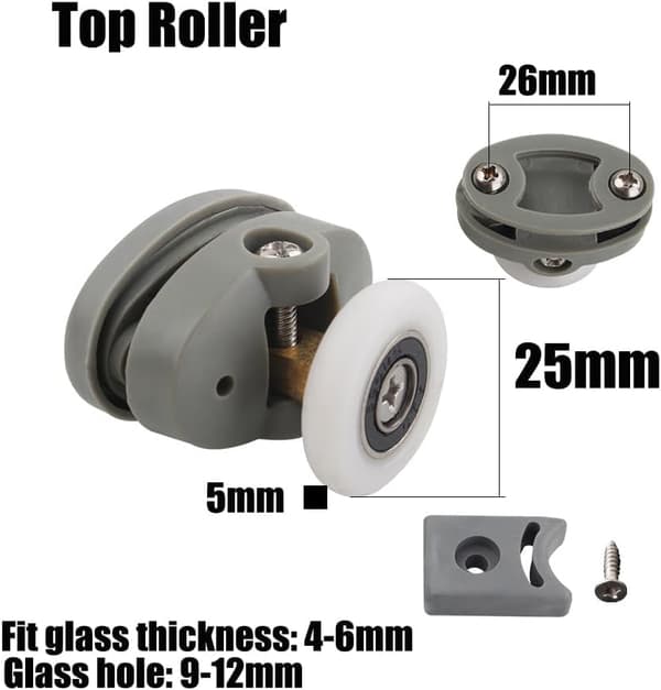 Fire 25 mm skydedørsruller til bruser, velegnet til 4-6 mm glashuller.