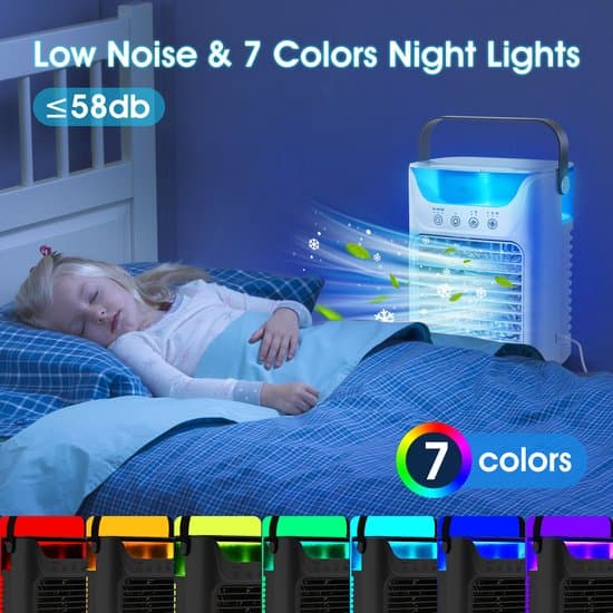 4-i-1 Bärbar Luftkonditionering, 700 ml, 2-dimma, 3-timer, 7-färgs LED