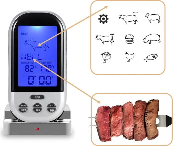 Digital trådlös grilltermometer, kötttermometer, grilltermometer, grilltermometer, temperaturområde 250°C